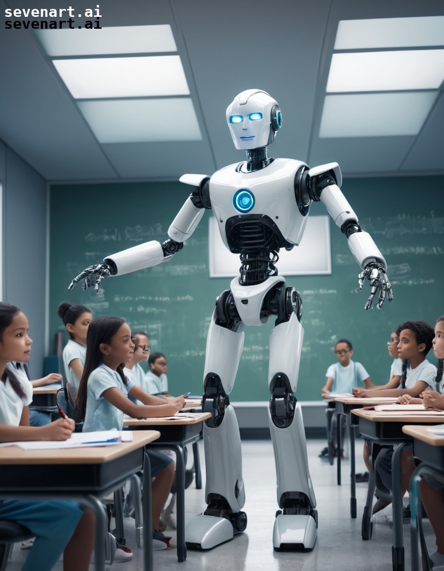 robot, teacher, students, classroom, futuristic, robots