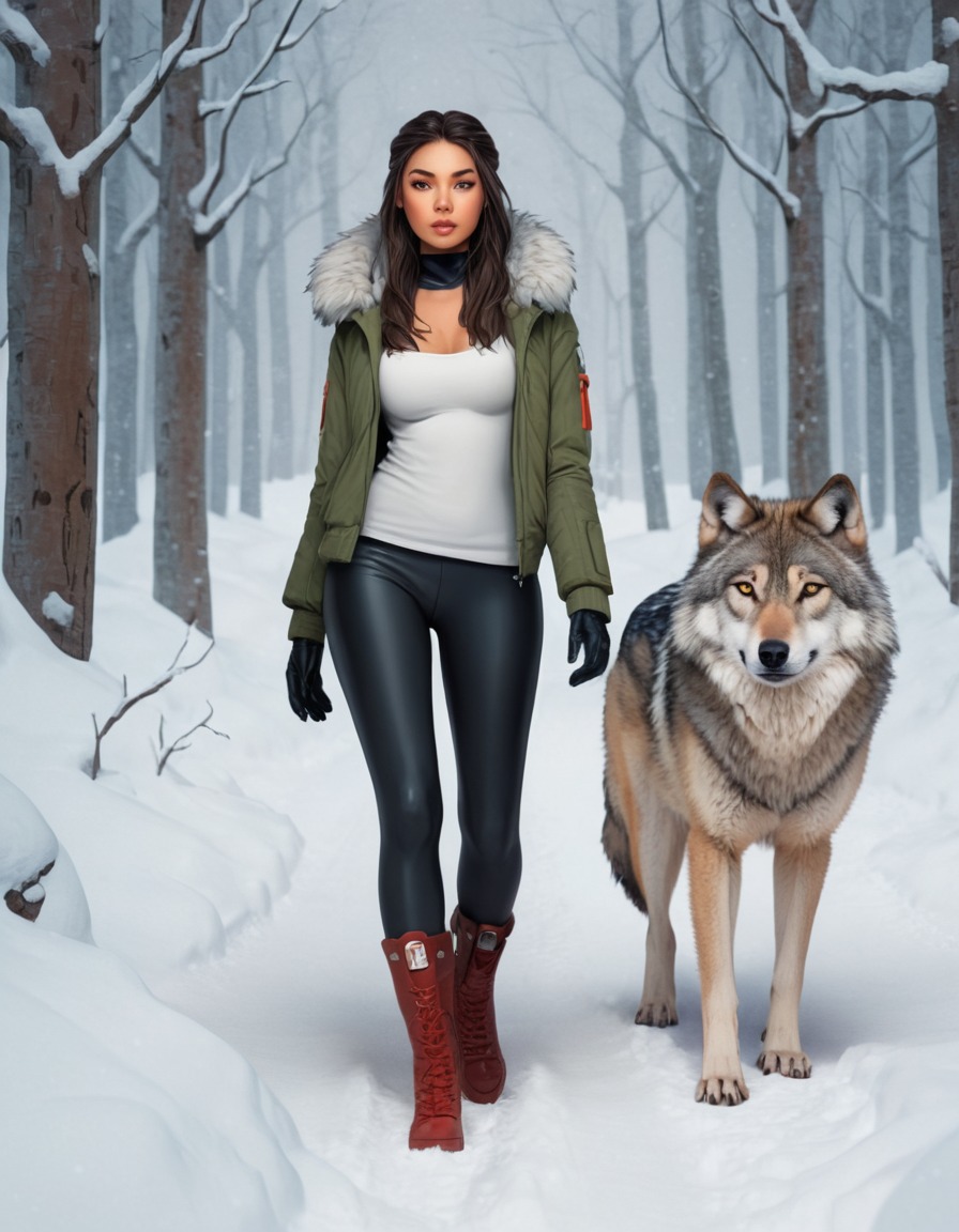 winter, girl, wolf, snow, forest