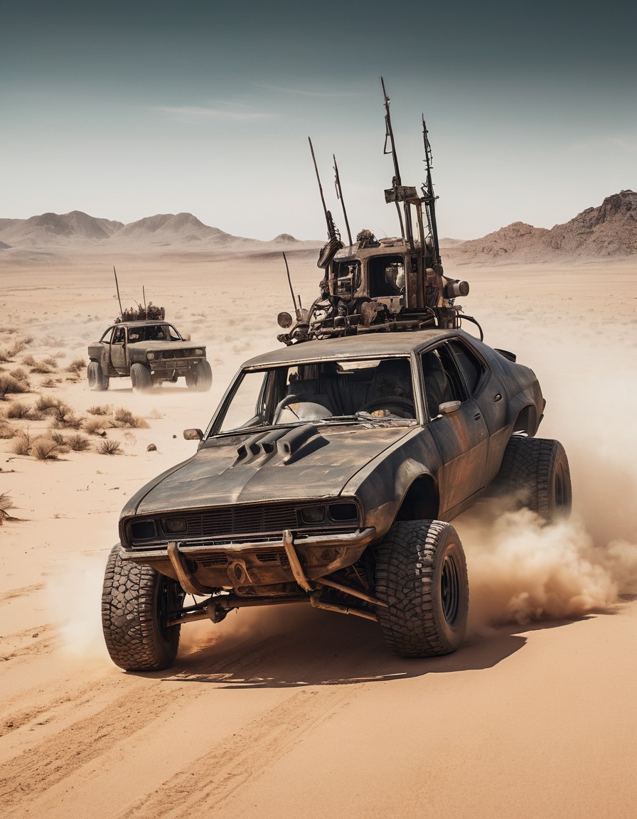 post-apocalyptic, desert, car chase, mad max style, action, chaos, mad max