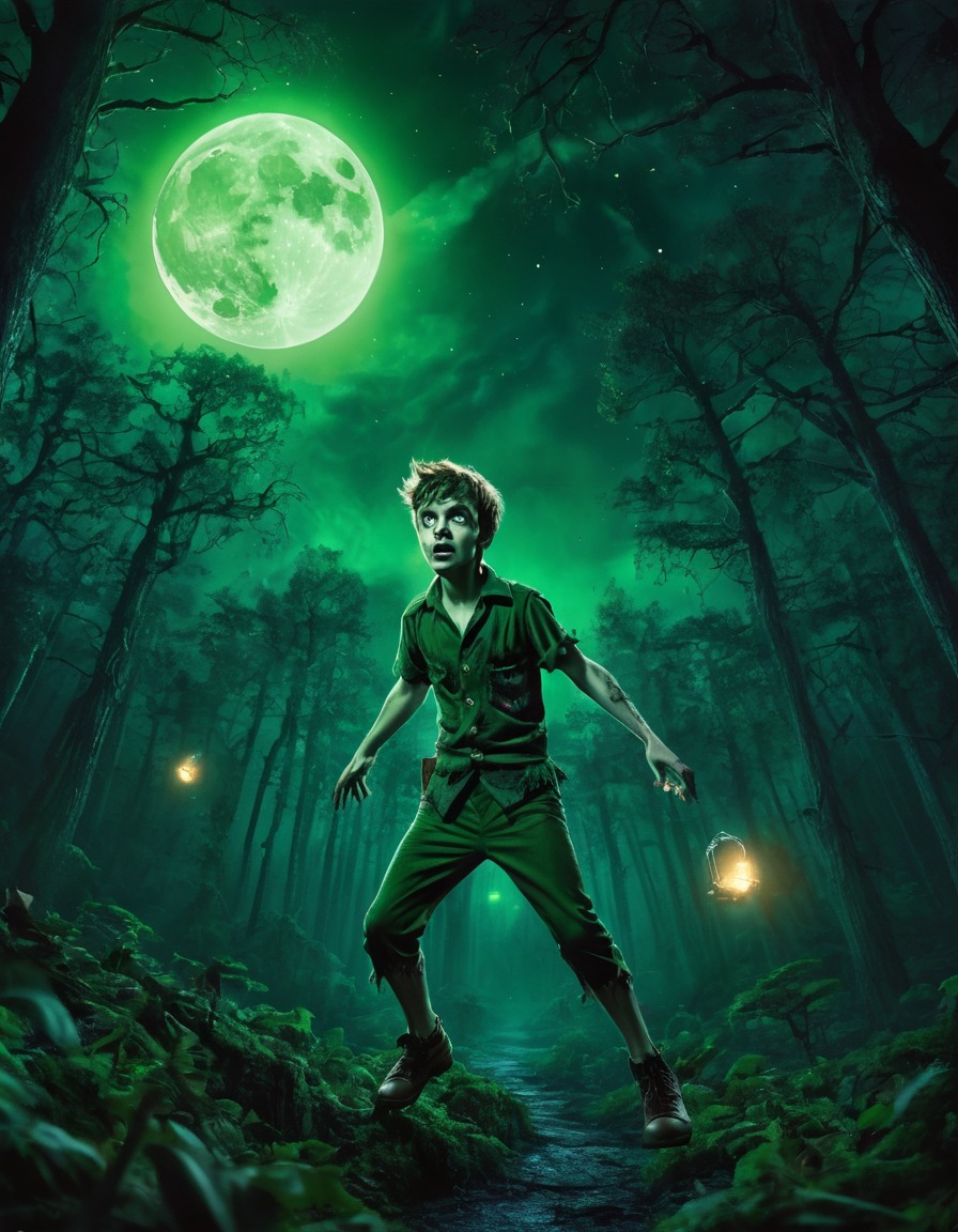 peter pan, zombie, neverland, moonlit forest, glowing eyes