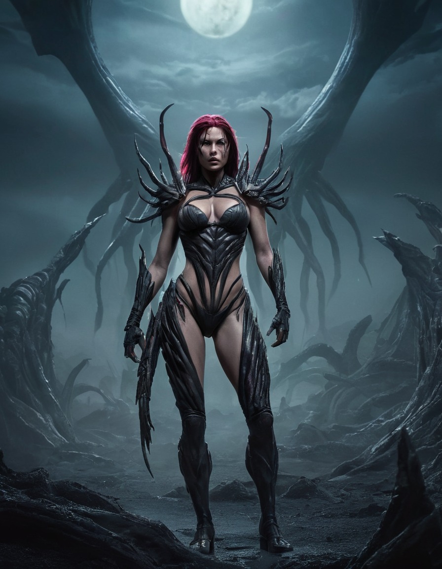 kerrigan, queen of blades, zerg, starcraft, alien landscape, dark, ominous, games