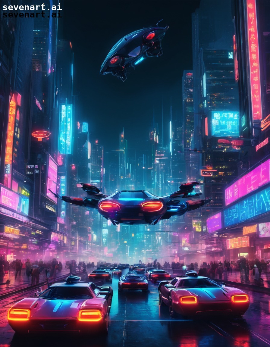 futuristic, urban, flying cars, neon lights, cityscape, future