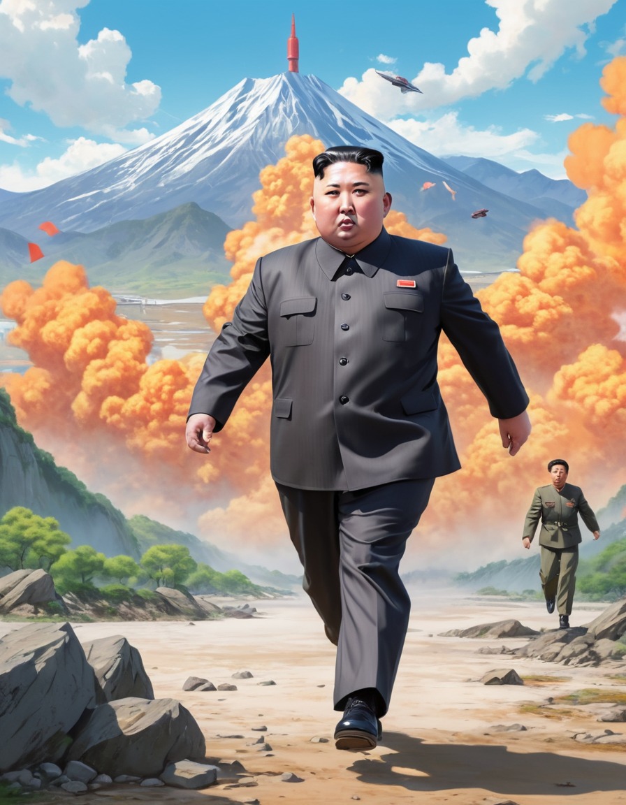 kim jong un, anime hero, courageous, north korean landscape, futuristic, politics, anime