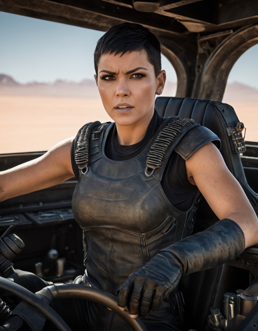 furiosa, war rig, driving, modified, sleek, fierce expression, mad max