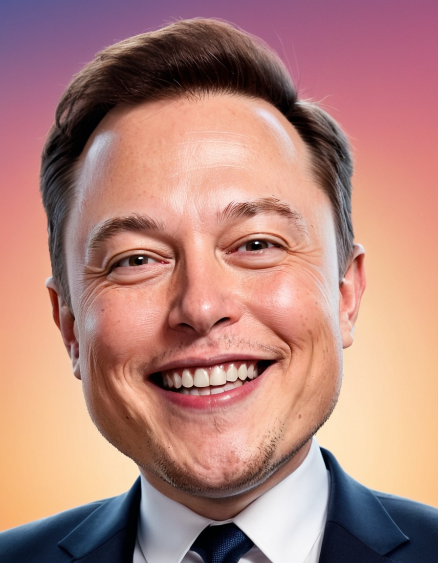 elon musk, caricature, big head, crazy smile