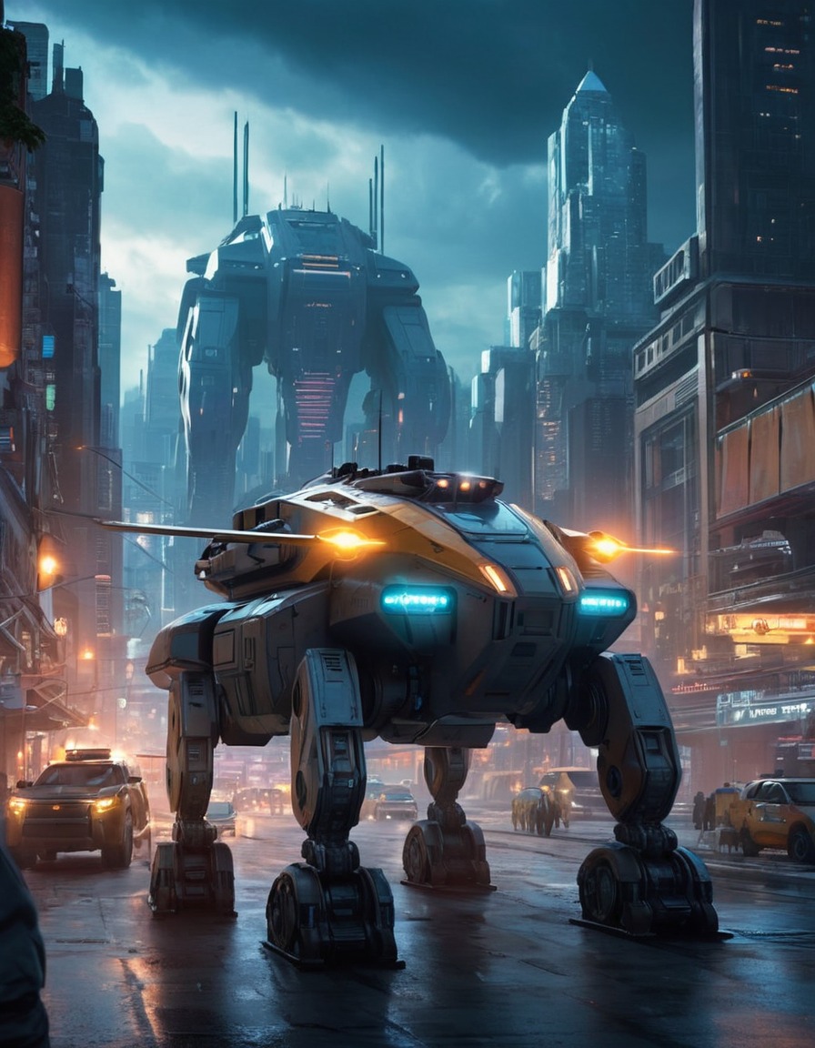 ed-209, futuristic, cityscape, robot, law enforcement, sci-fi, robots, games, movies