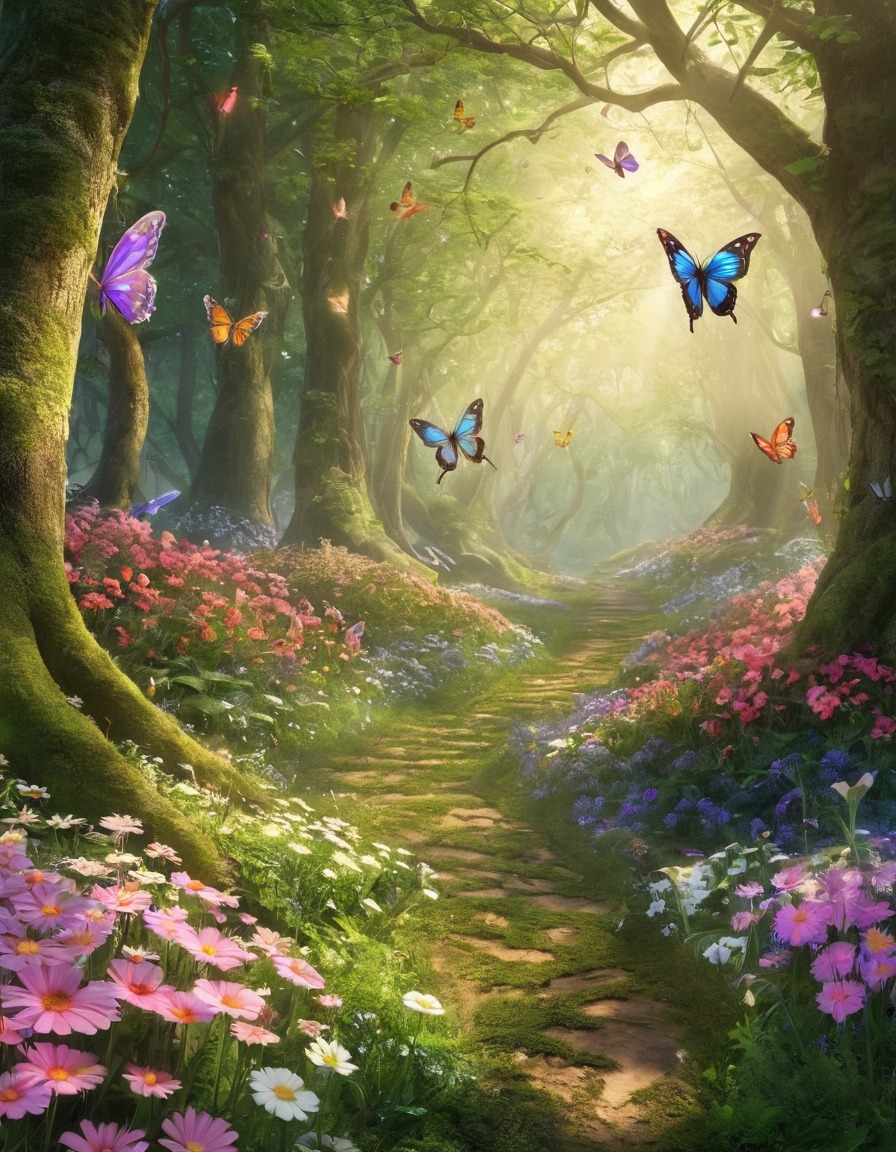 mystical, forest glade, fairies, flowers, butterflies, fantastic