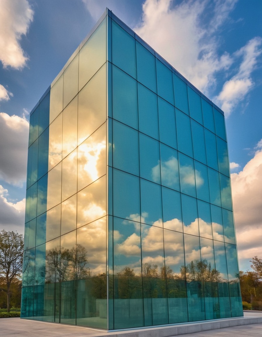 architecture, modern, glass facade, reflections, sky, clouds