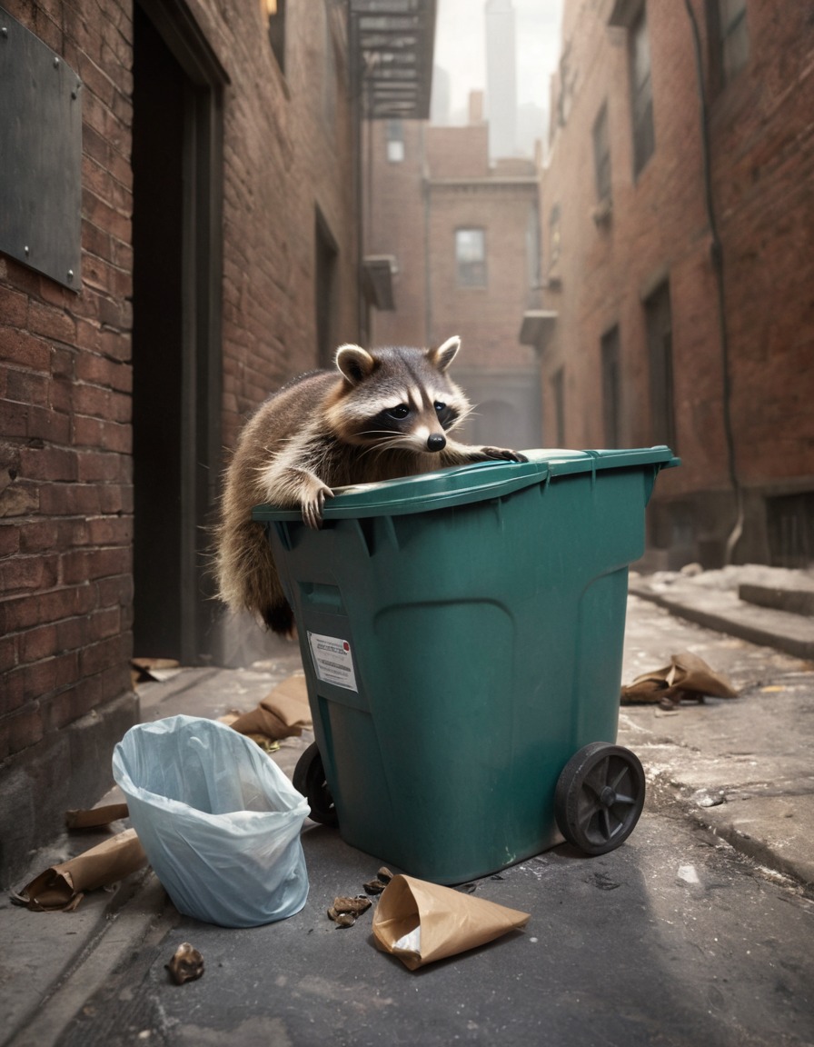 raccoon, urban wildlife, trash can, alleyway, foraging