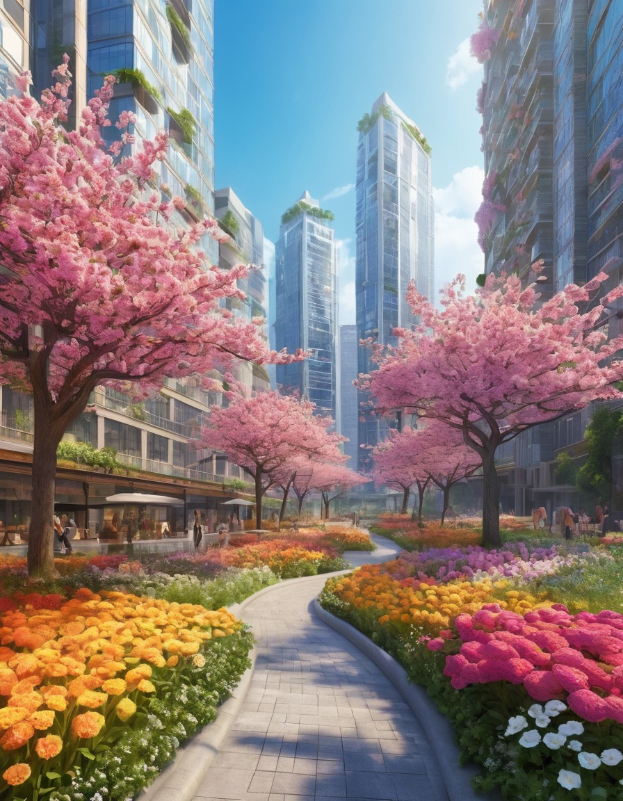 skyscrapers, urban landscape, colorful flowers, blooming trees, nature, city