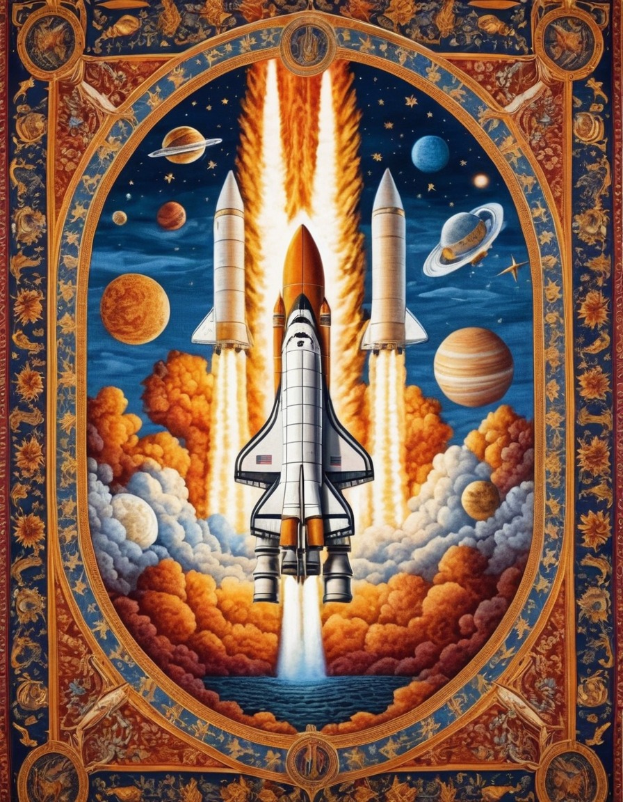 medieval, tapestry, space shuttle, launch, history, art