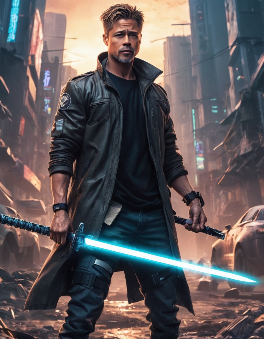 brad pitt, anime, futuristic, sword, post-apocalyptic, cityscape