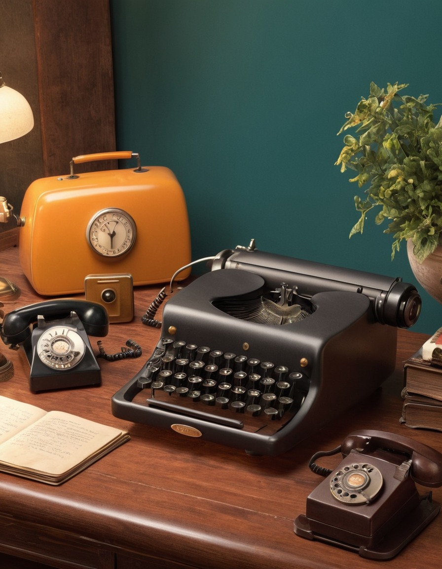 vintage, objects, typewriter, rotary phone, camera, wooden desk