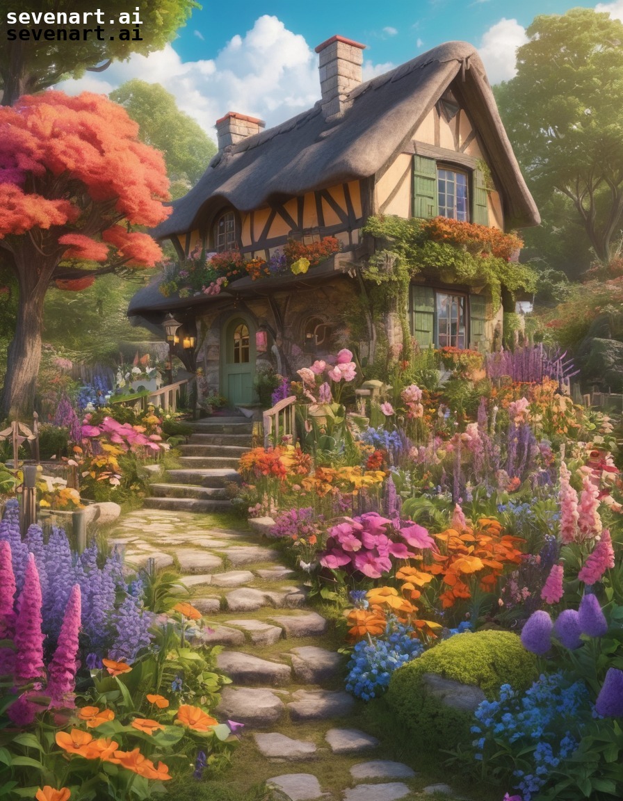 cottage, flowers, garden, whimsical, colorful, house, home