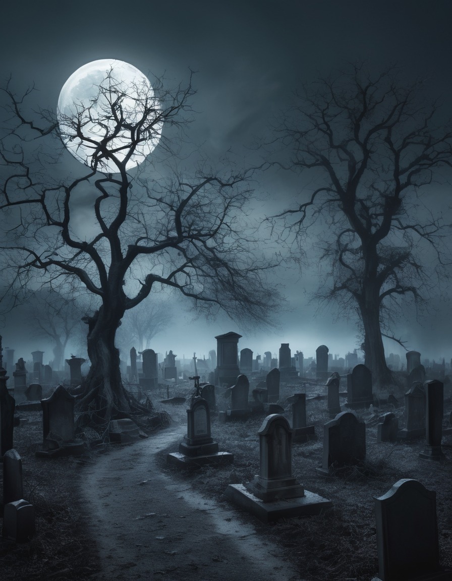 graveyard, moonlit, mist, trees, gothic, underground, dark