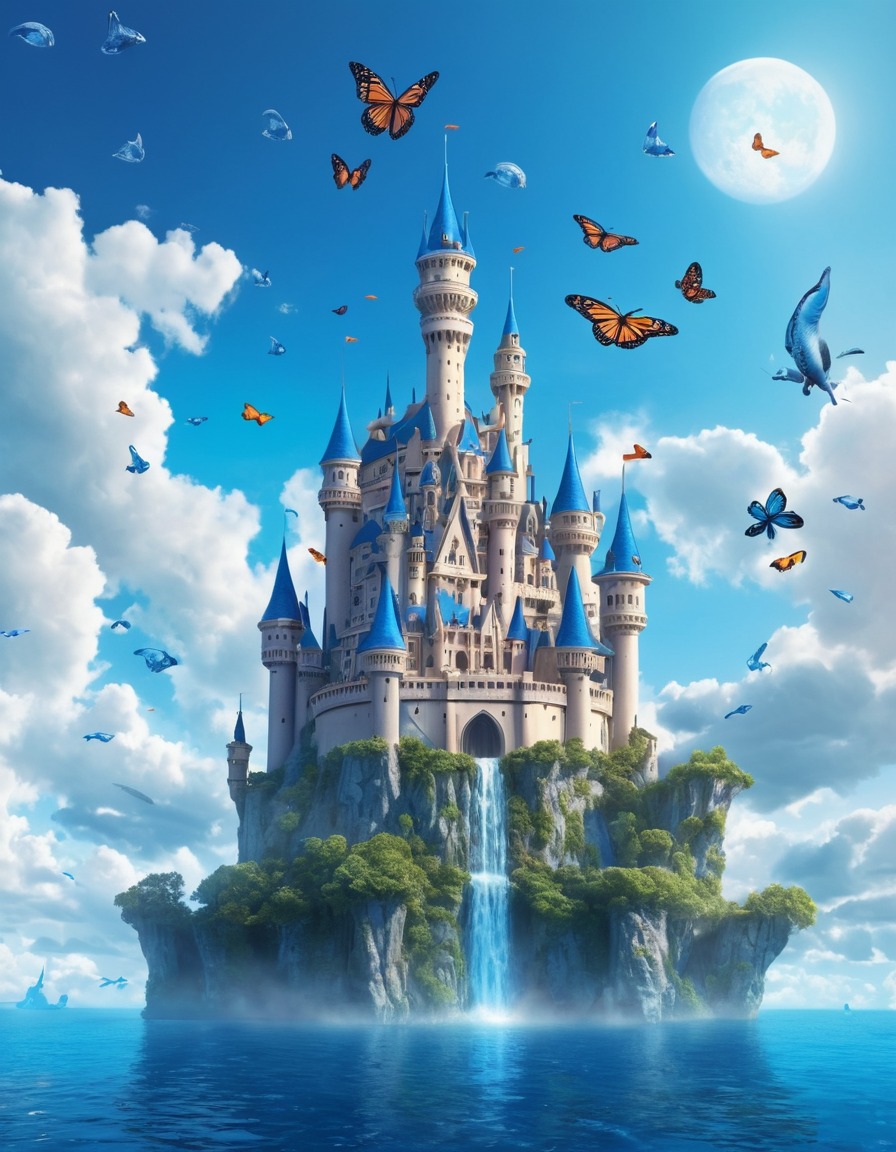 castle, sky, floating, whales, butterflies, fantasy, fantastic