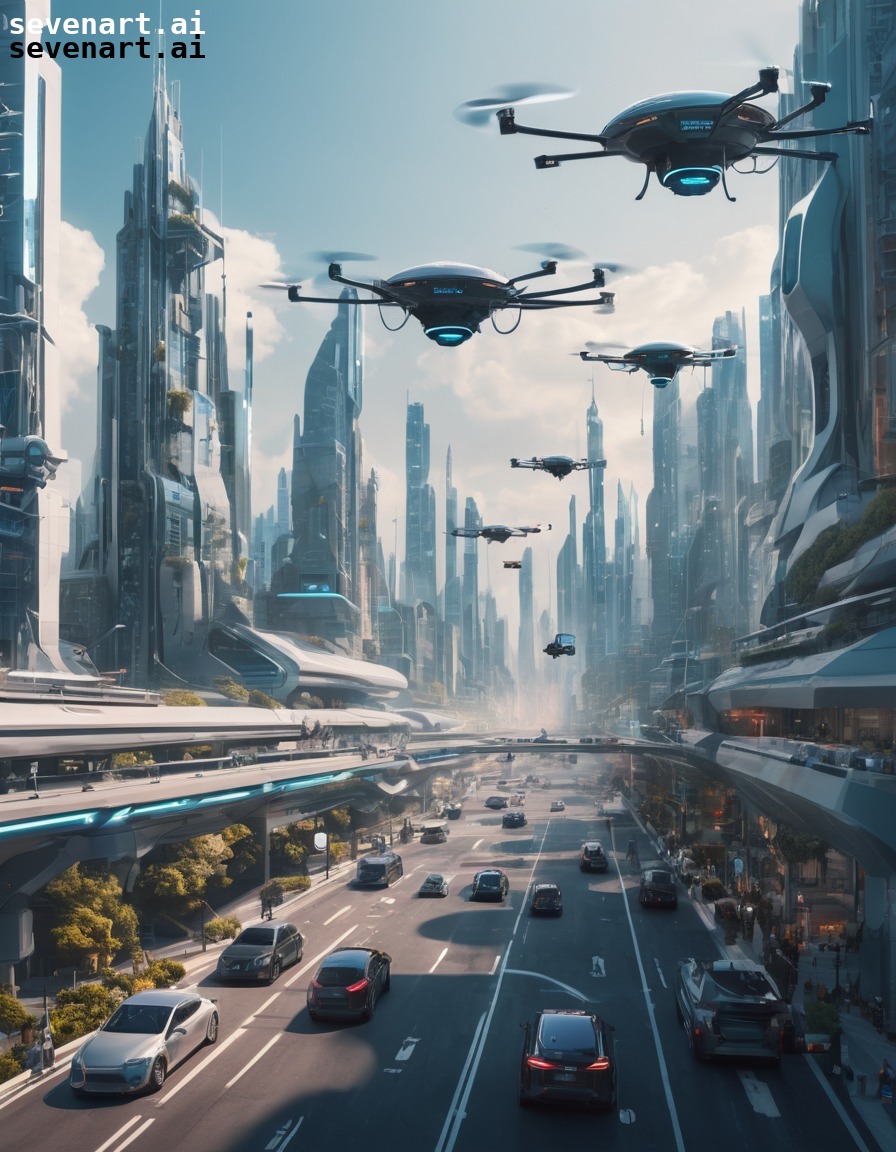 futuristic, cityscape, autonomous vehicles, drones, artificial intelligence, ai world