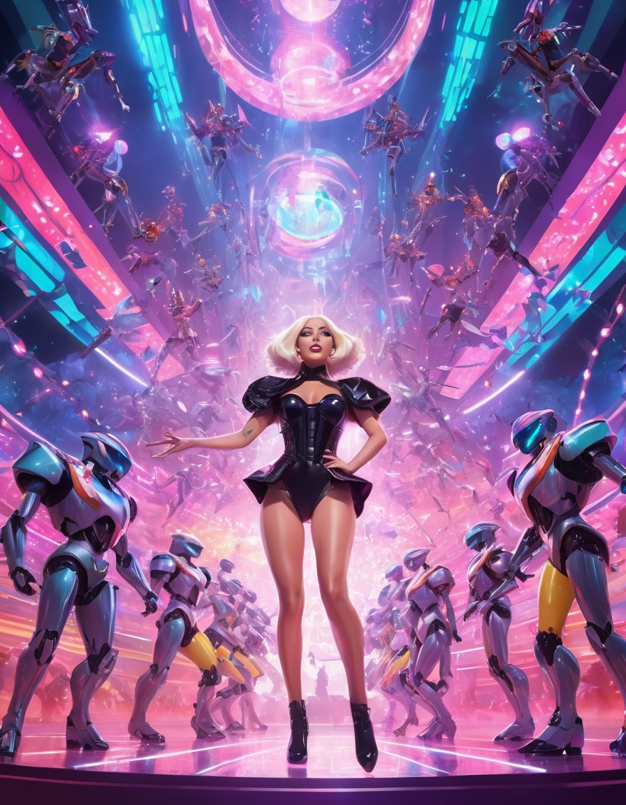 lady gaga, performance, futuristic, stage, lights, dancing robots, anime