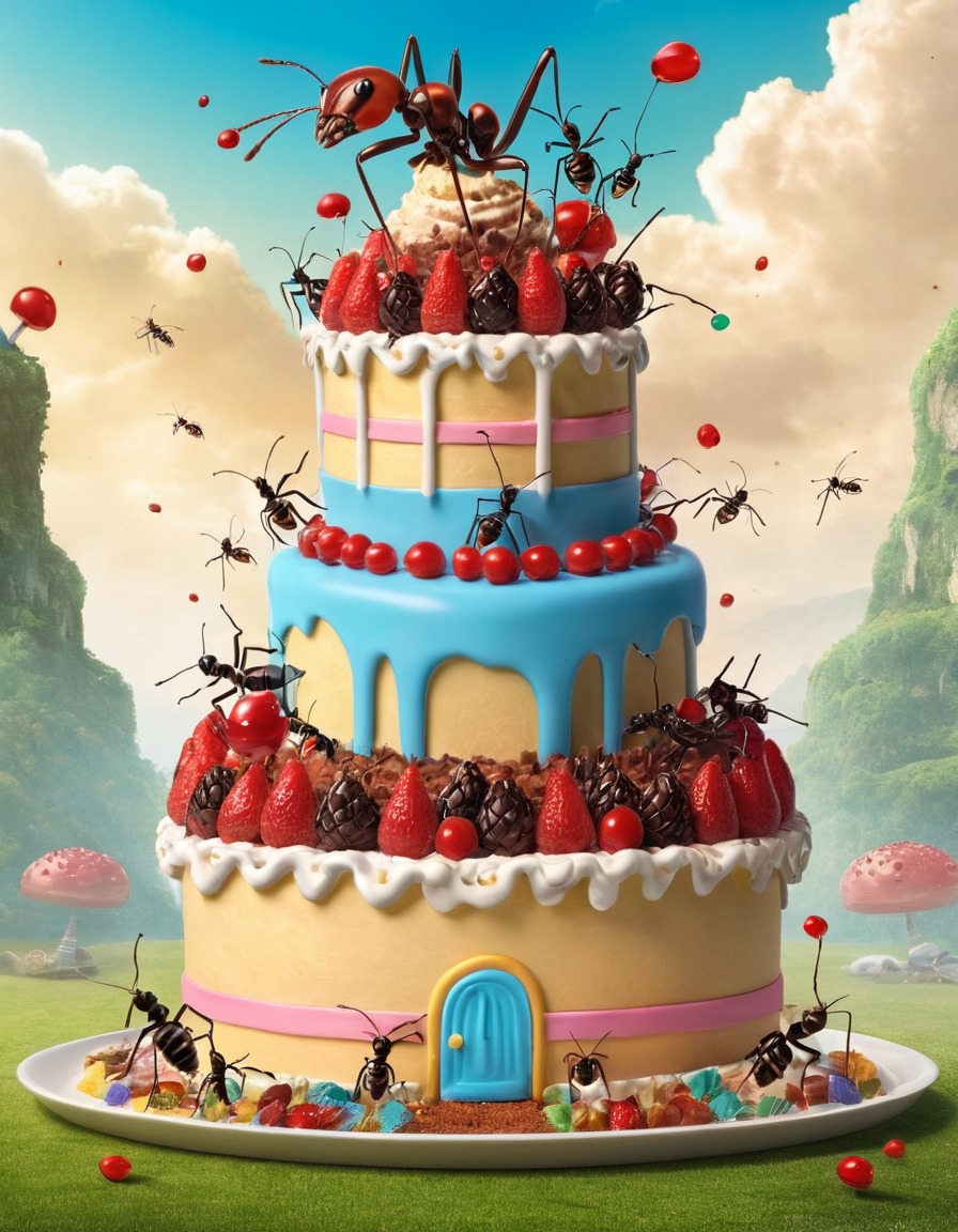 ants, insects, birthday cake, food, surprise, unexpected, destruction