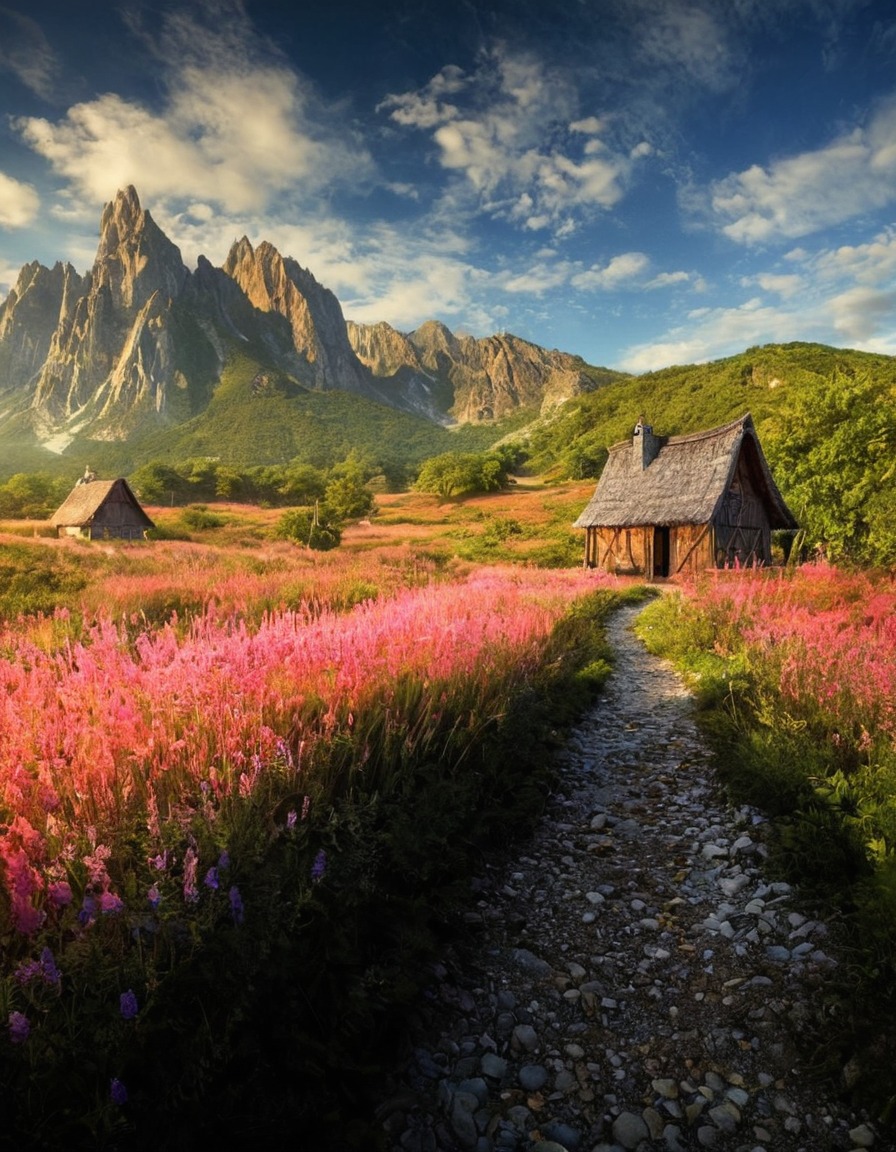 poland, landscape, mountain, cottage, pink flowers, wild flowers, path, nature, flowers, beautiful, petitworld favs