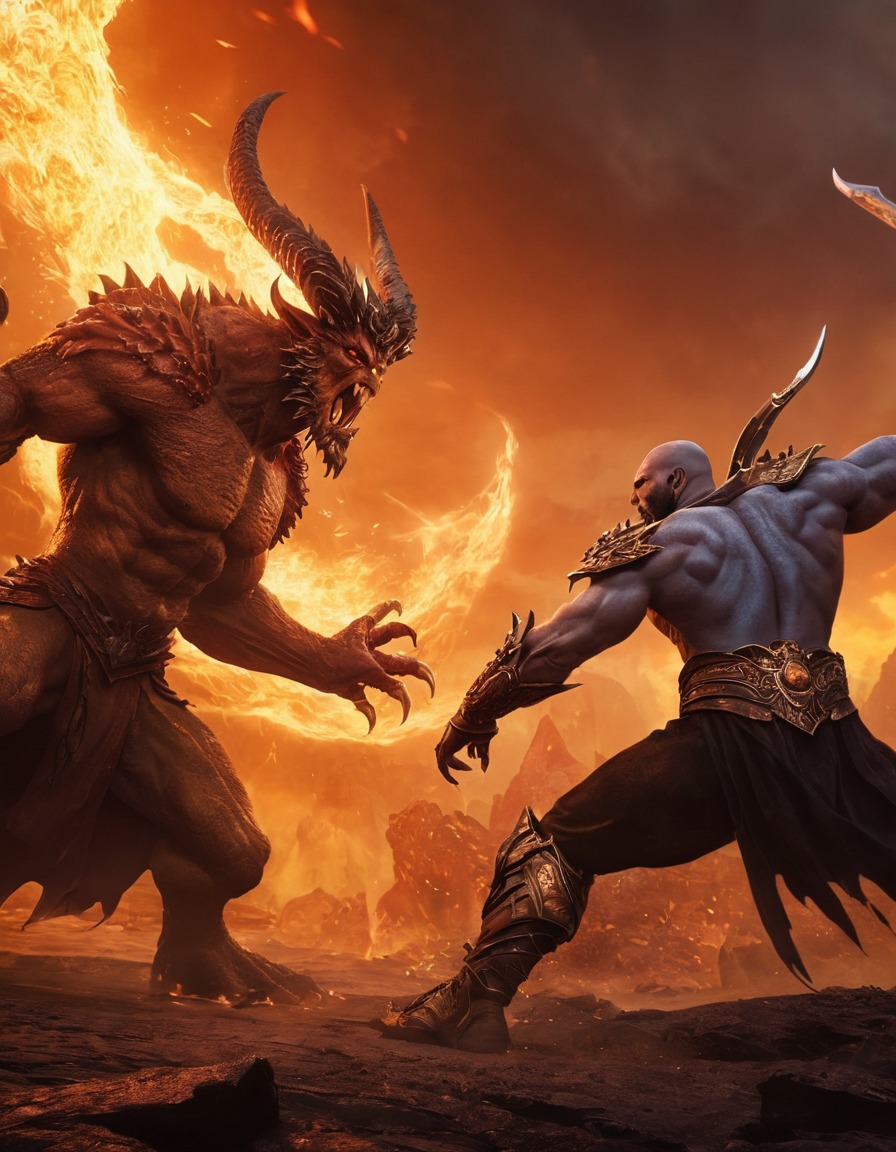 hades, epic battle, underworld, greek mythology, monsters, fight scene, mythological creatures