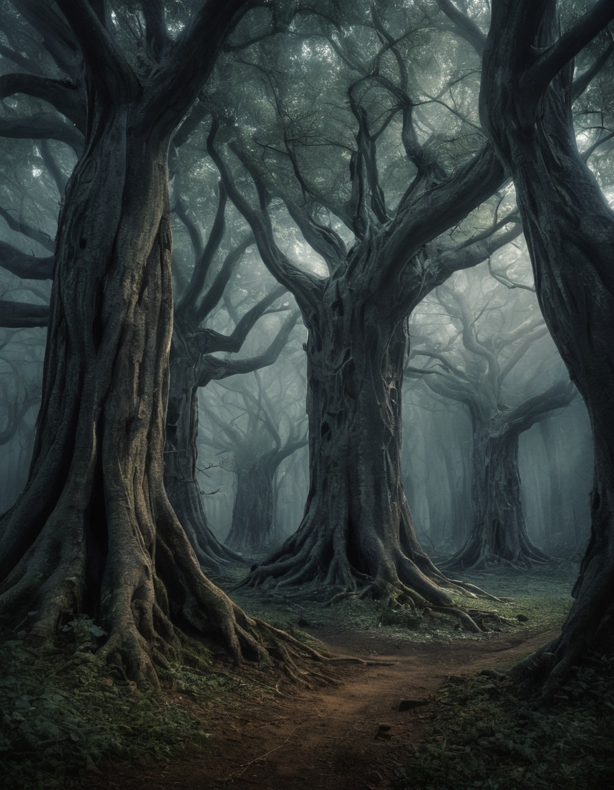 mystical, ancient trees, grove, secrets, whispers, nature, magic