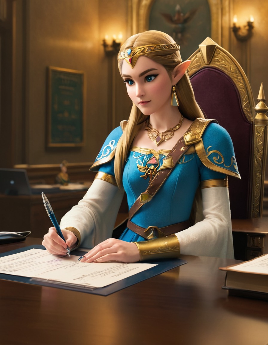 princess zelda, magical pen, office, signing documents, royalty, games, girls from games