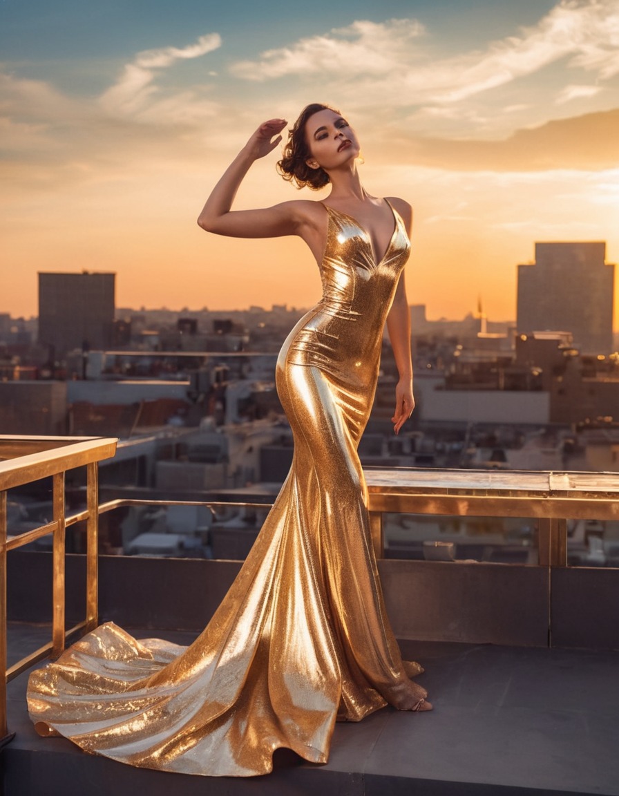 fashion, beauty, sunset, glamour, rooftop, woman