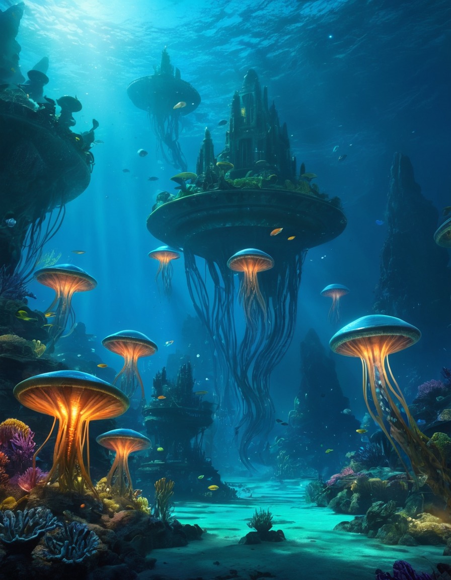 underwater, civilization, alien creatures, bioluminescent features, extraterrestrial, aliens