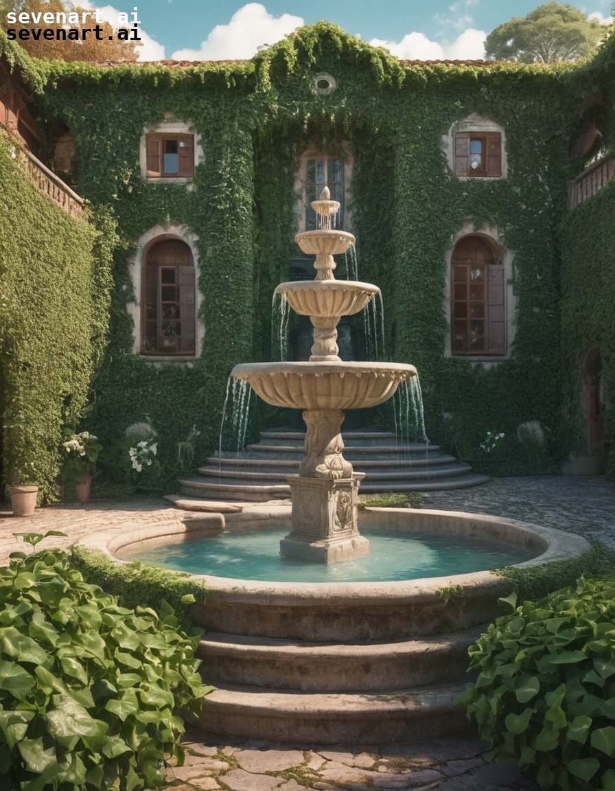 romantic, villa, countryside, ivy-covered walls, fountain, house, home