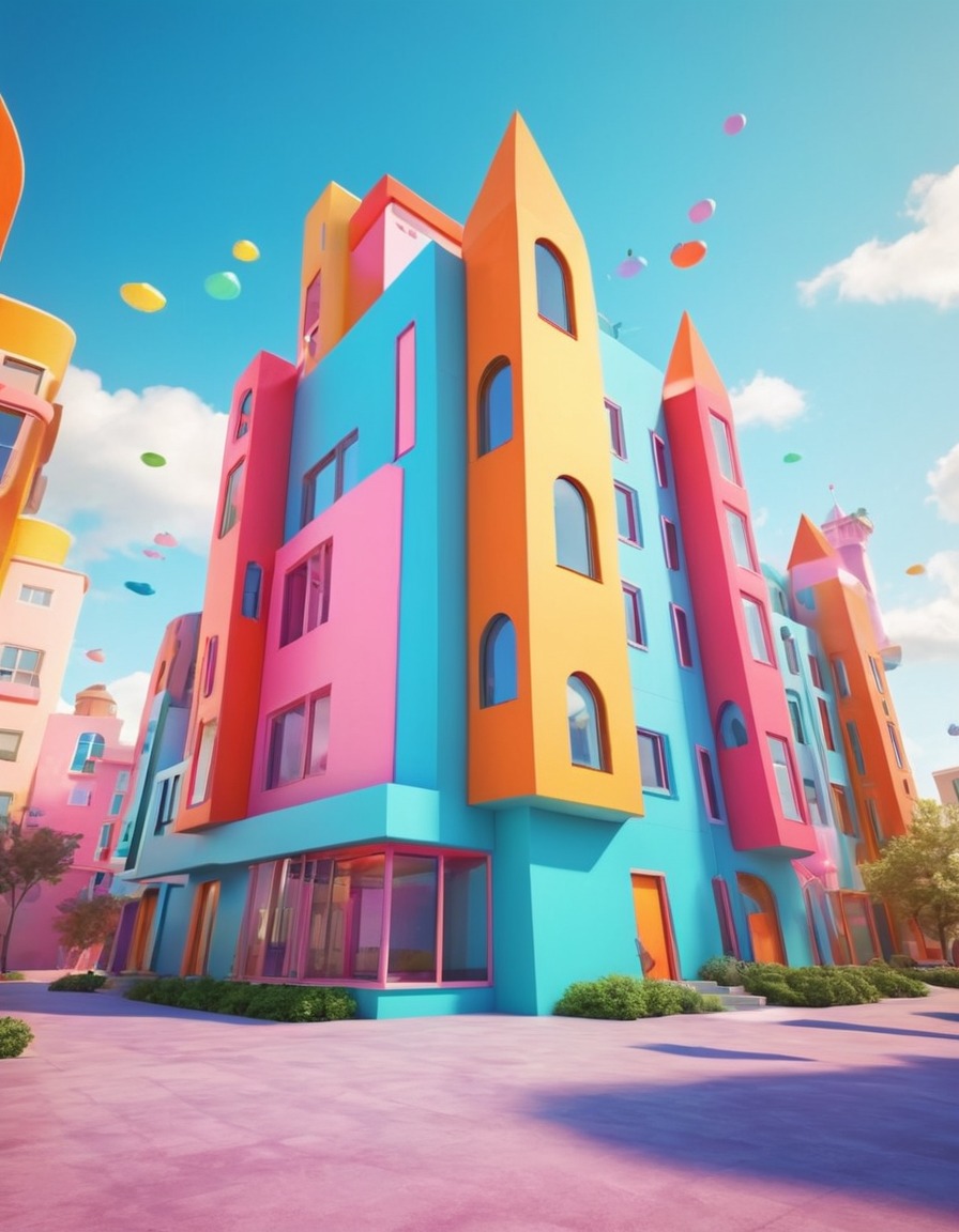 postmodern architecture, whimsical, bright colors, geometric shapes, architecture