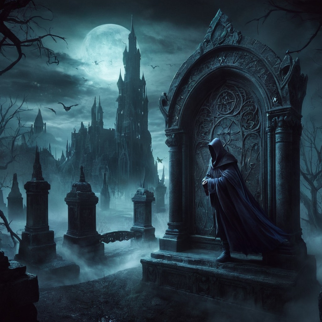 horror, gothic, spooky, cemetery, halloween, castle, fog, haunted, night, raven, tombstone