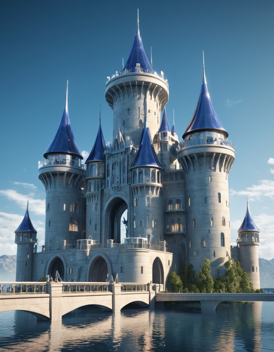 futuristic, castle, metal and glass, drawbridge, turrets, medieval, art