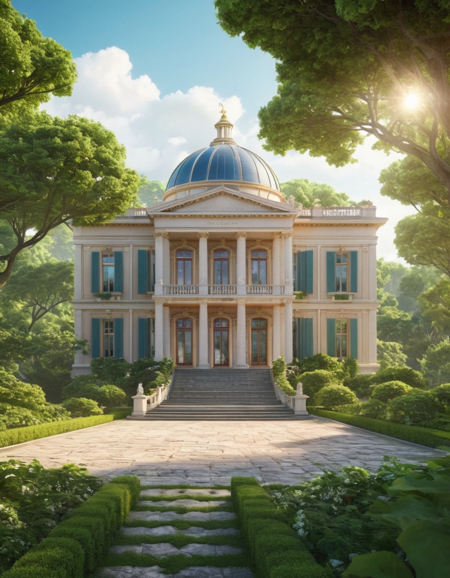 neoclassical architecture, building, greenery, peaceful setting, architecture