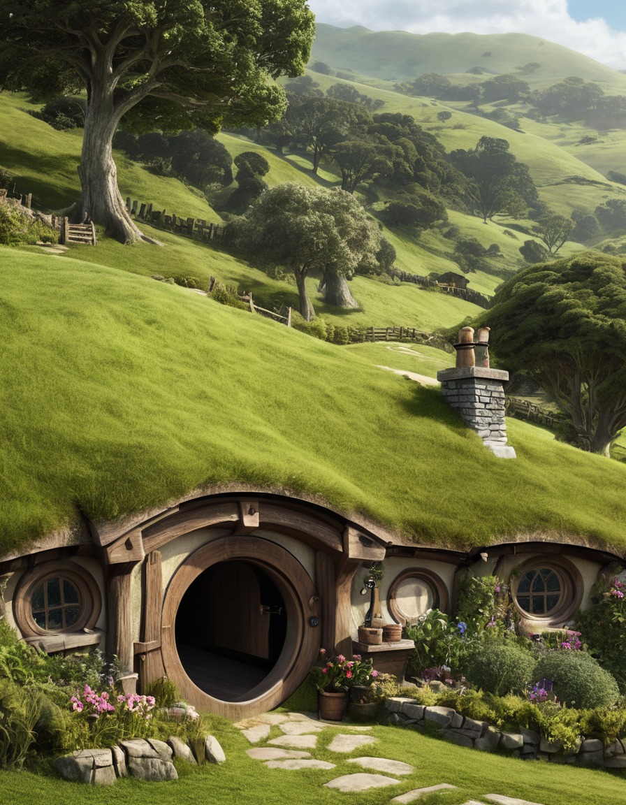 hobbit hole, peaceful, shire, lush green hills, fantasy, john tolkien, tolkien