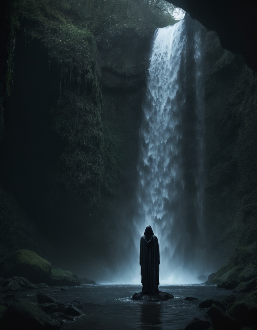 mystical, hooded figure, chanting, waterfall