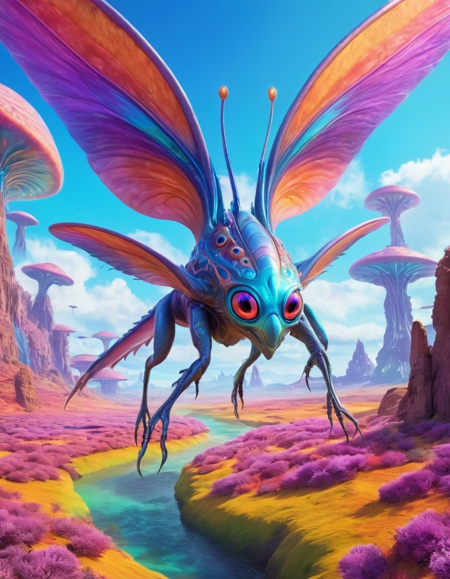 fantasy, creature, iridescent, wings, alien landscape, exploration, fantasy creature, extraterrestrial, aliens