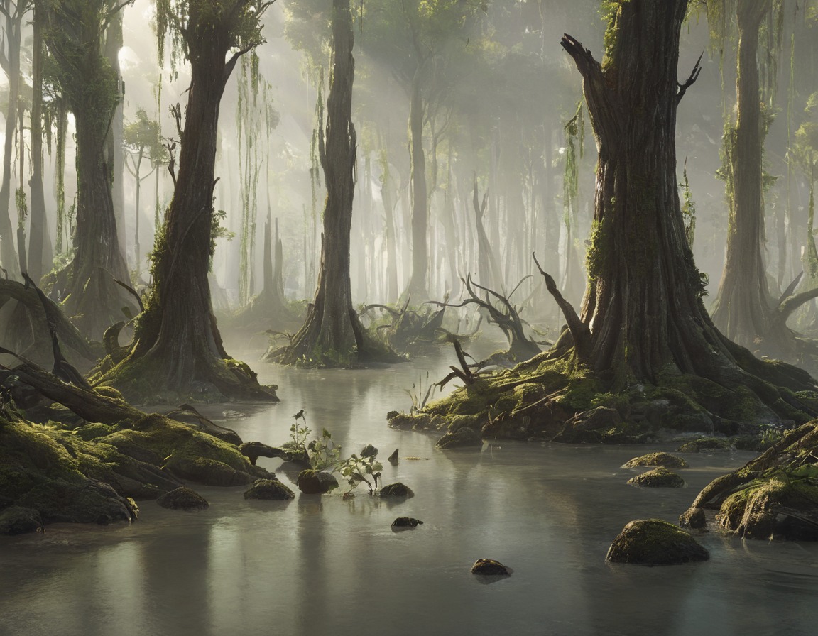 forest, fog, dreamup, digitalart, horror, deadtrees, swamp, dailychallenge, ai_art