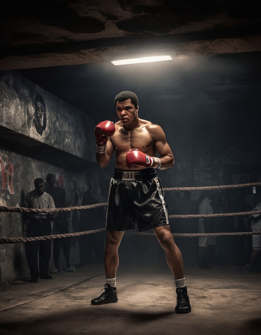 muhammad ali, boxing, training, gym, dim lighting