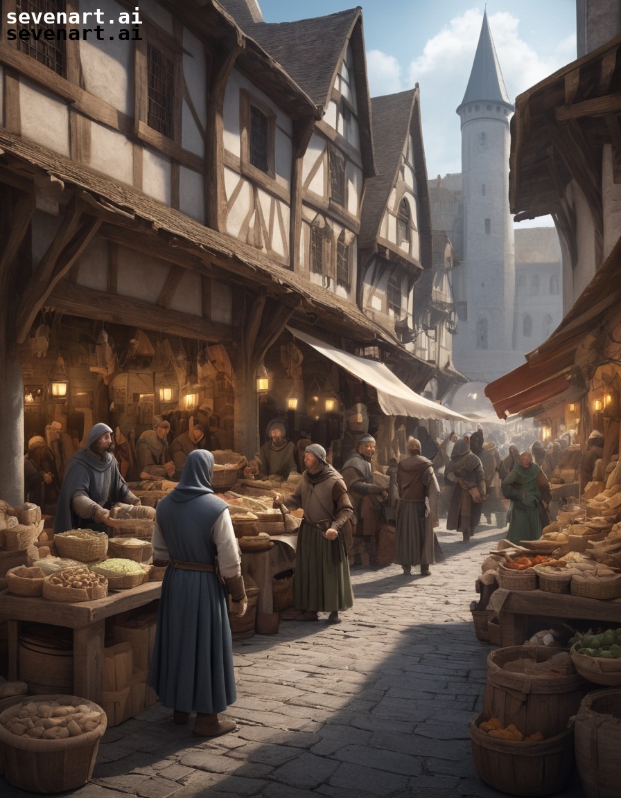 medieval, marketplace, vendors, haggling, customers, middle ages