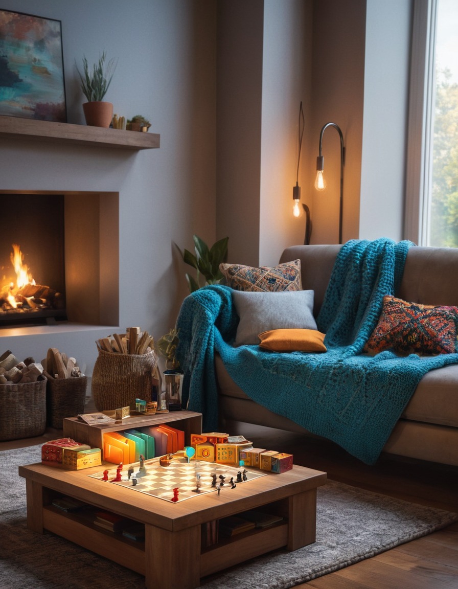 living room, cozy, knit blanket, board games, home, interior