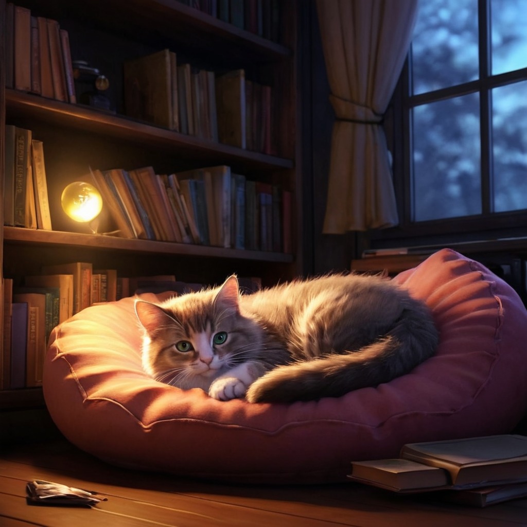 cat, digitalart, books, animal, feline, kitty, beanbag, bookcase, bookworm, cozy, cute, library, wintervibes, cozyaesthetic, bookvibes, kittybookworm