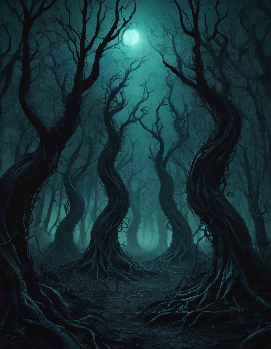 dark, creepy, forest, sinister, twisted trees, glowing eyes, mysterious, gothic, underground