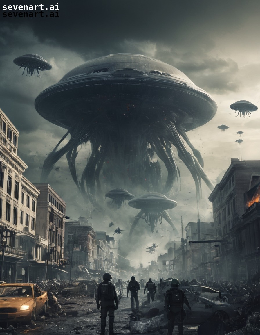 alien invasion, destruction, chaos, cityscape, sci-fi, aliens, three body problem, trisolaran