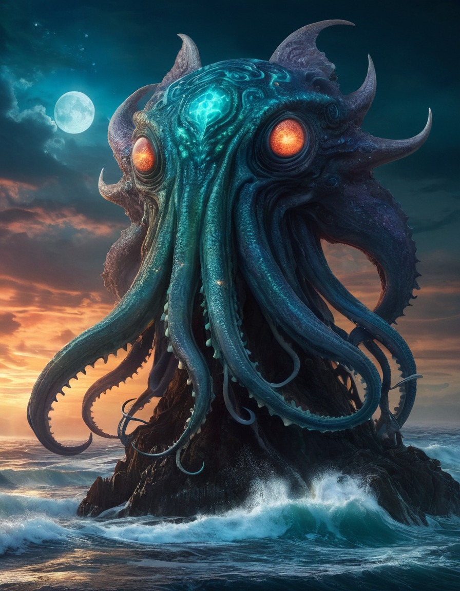 lovecraftian, cosmic horror, nightmarish creature, sea and sky fusion, monster, mythical creature, lovecraft, howard lovecraft