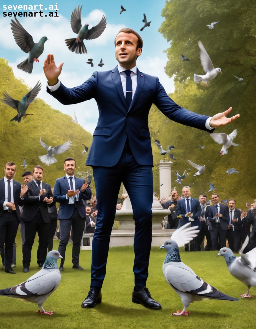 french politics, emmanuel macron, park, pigeons, magic tricks, france