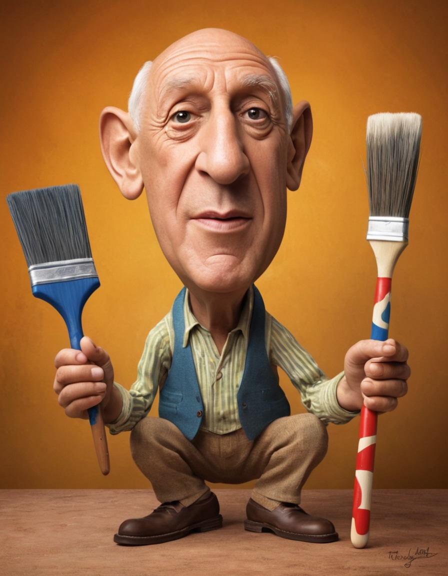 pablo picasso, caricature, oversized paintbrushes, whimsical expression, funny