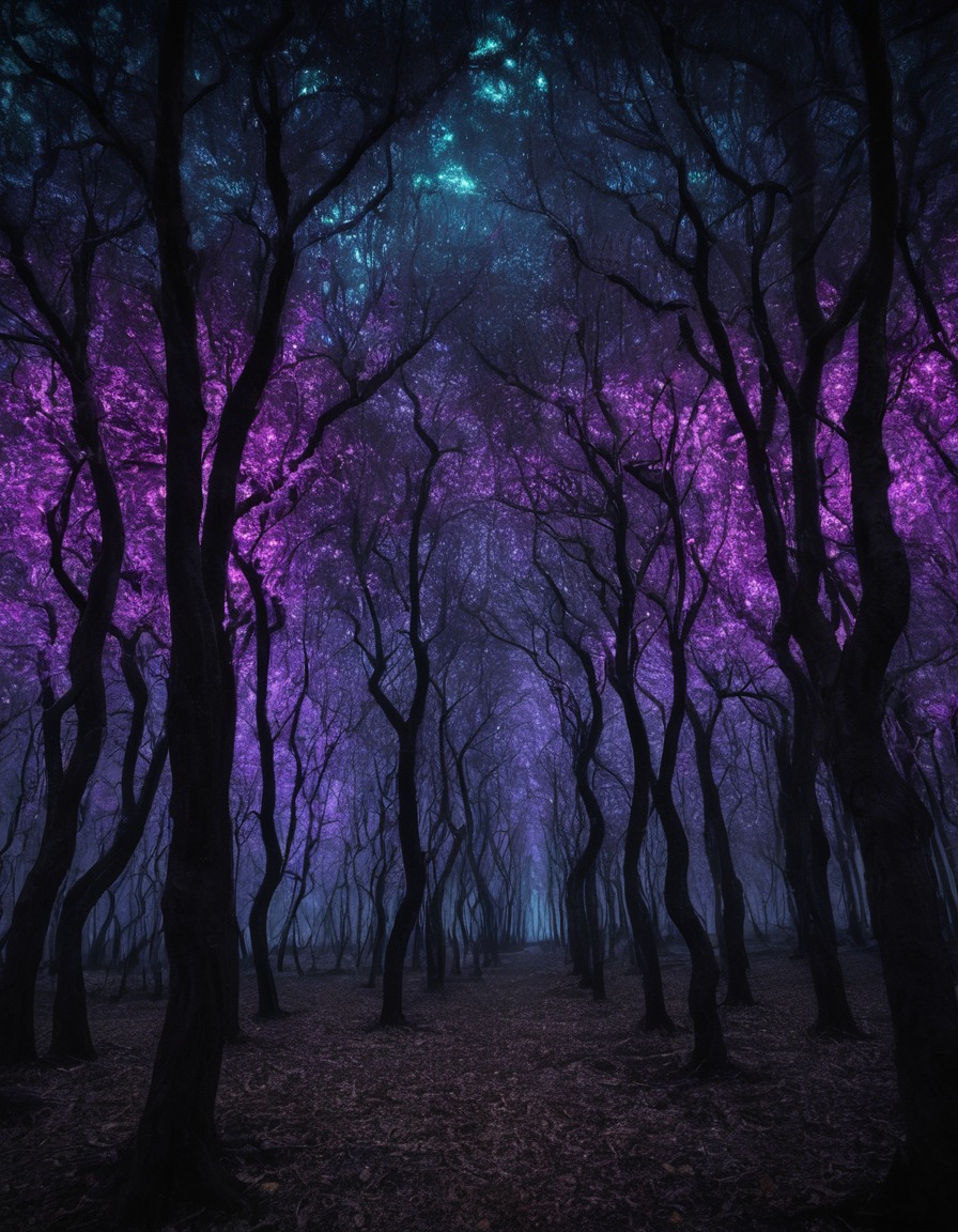 mystical, grove, glowing trees, whispered wishes, wind, nature, magical