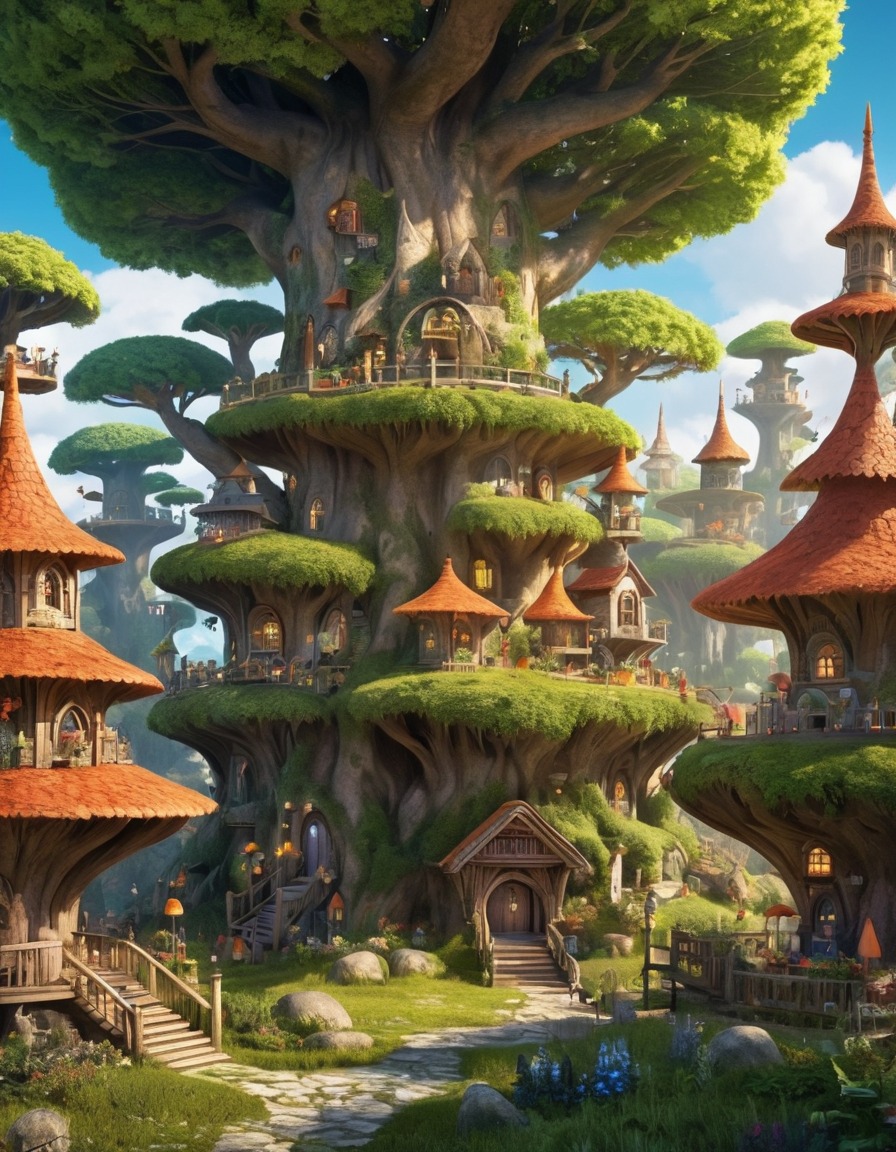 tree village, woodland creatures, harmony, nature, fantastic