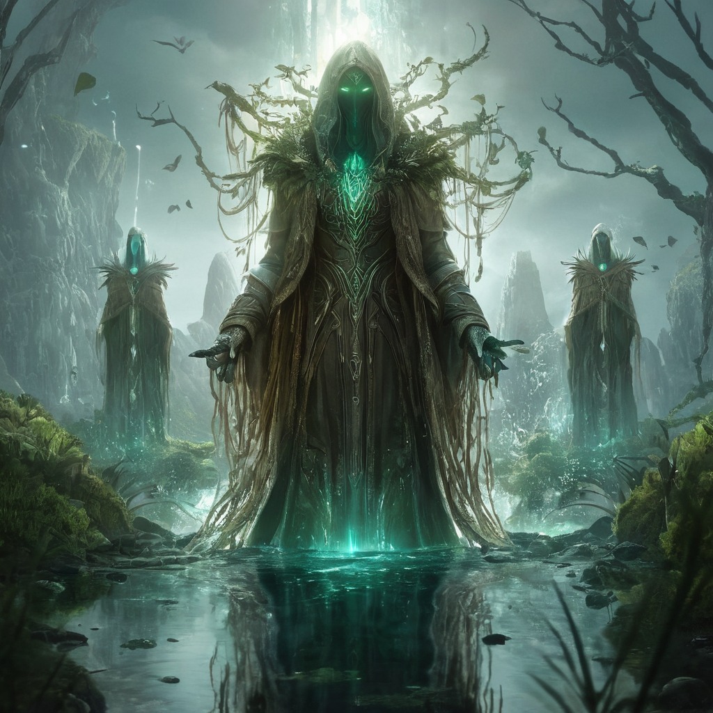 digitalart, character, creature, dalle3, dnd, ethereal, fantasy, friendly, glowingeyes, greenskin, horrorart, horrorfantasy, mystical, nature, robes, rpg, swamp, tall, aiart